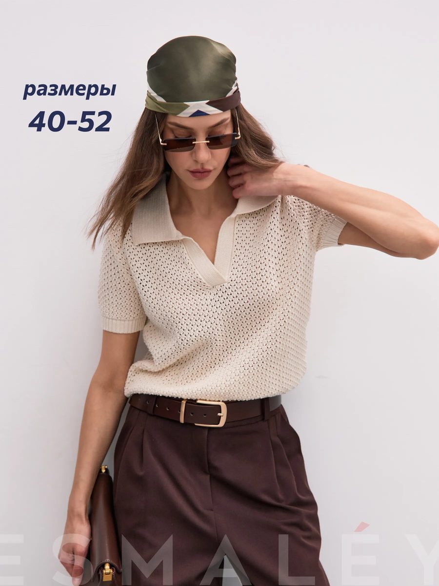 Футболка поло летнее ажурной вязки кроше с коротким рукавом